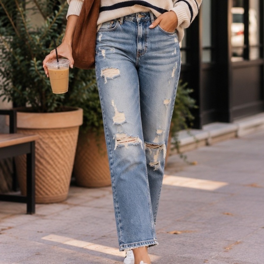 Zara Trafaluc The Tomboy Low Slouch Distressed Tapered Jeans Blue Size 4 26 Crop